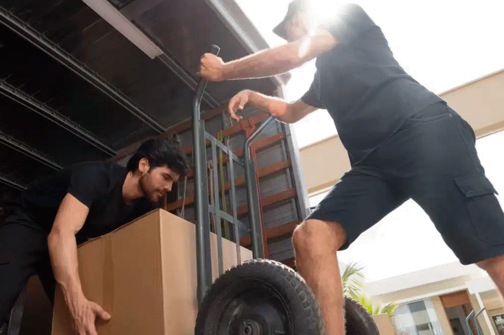 Deux de nos déménageurs qui s'occupent d'un carton volumineux à l'arrière de notre camion de déménagement