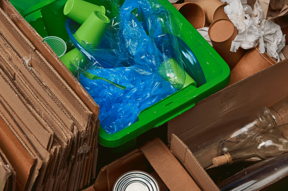 Des encombrants, triés, dans des cartons et une caisse en plastique.